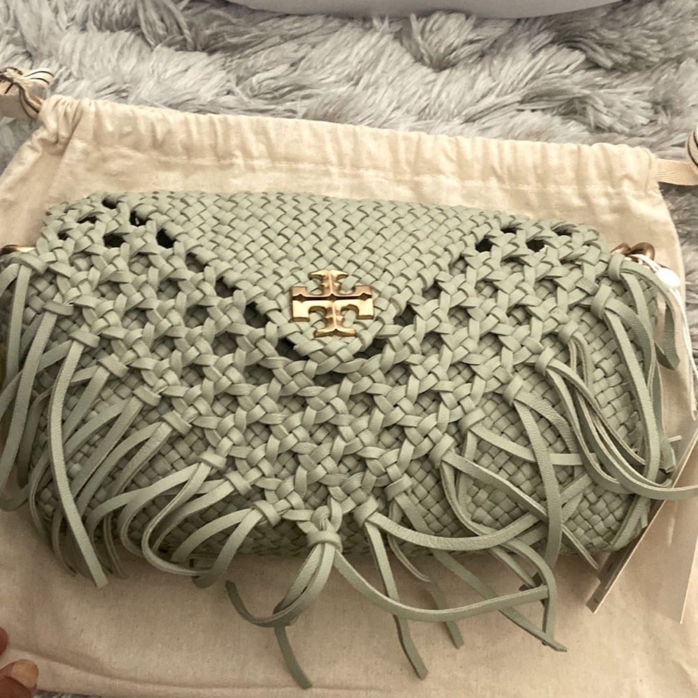 Brand new Tory Burch Kira Fringe small flap shoulder bag pine frost color